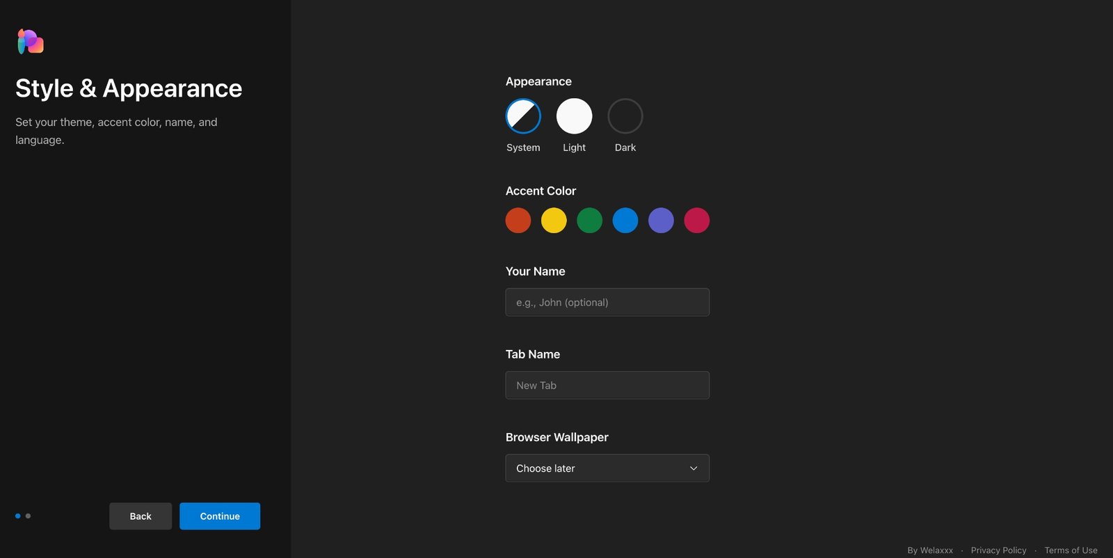 Welaxxx New Tab style and appearance screen