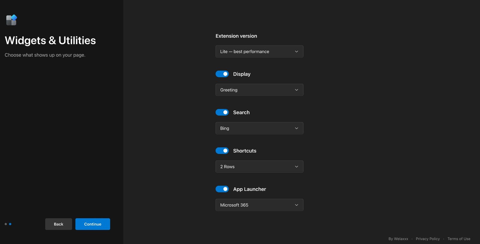 Welaxxx New Tab widgets and utilities screen
